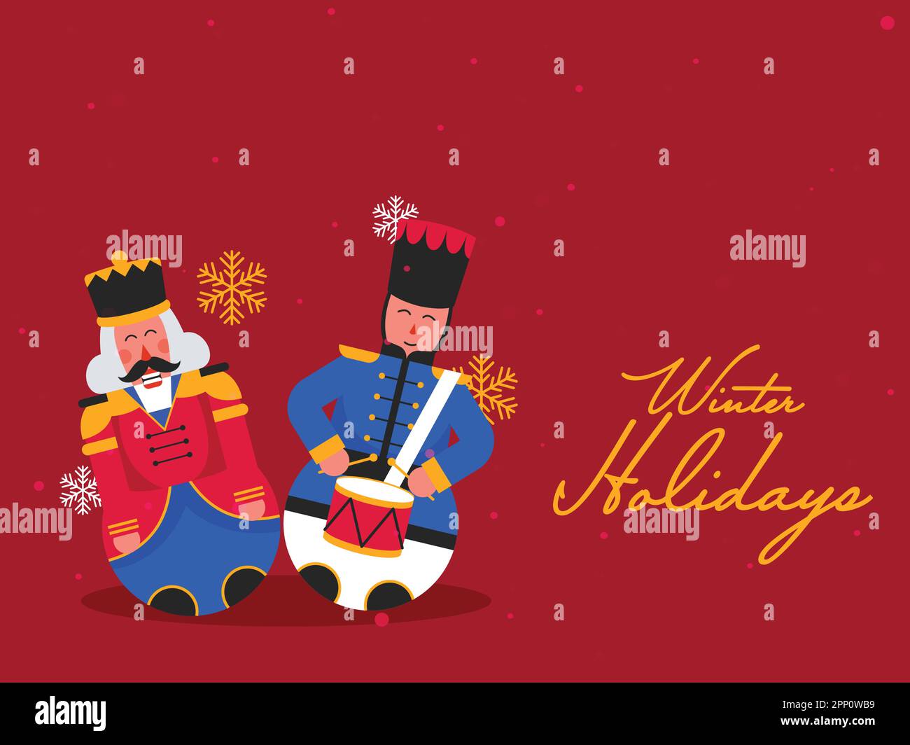 Winter Holidays Poster Design With Nutcracker Characters And Snowflakes On Red Background. Stock Vector