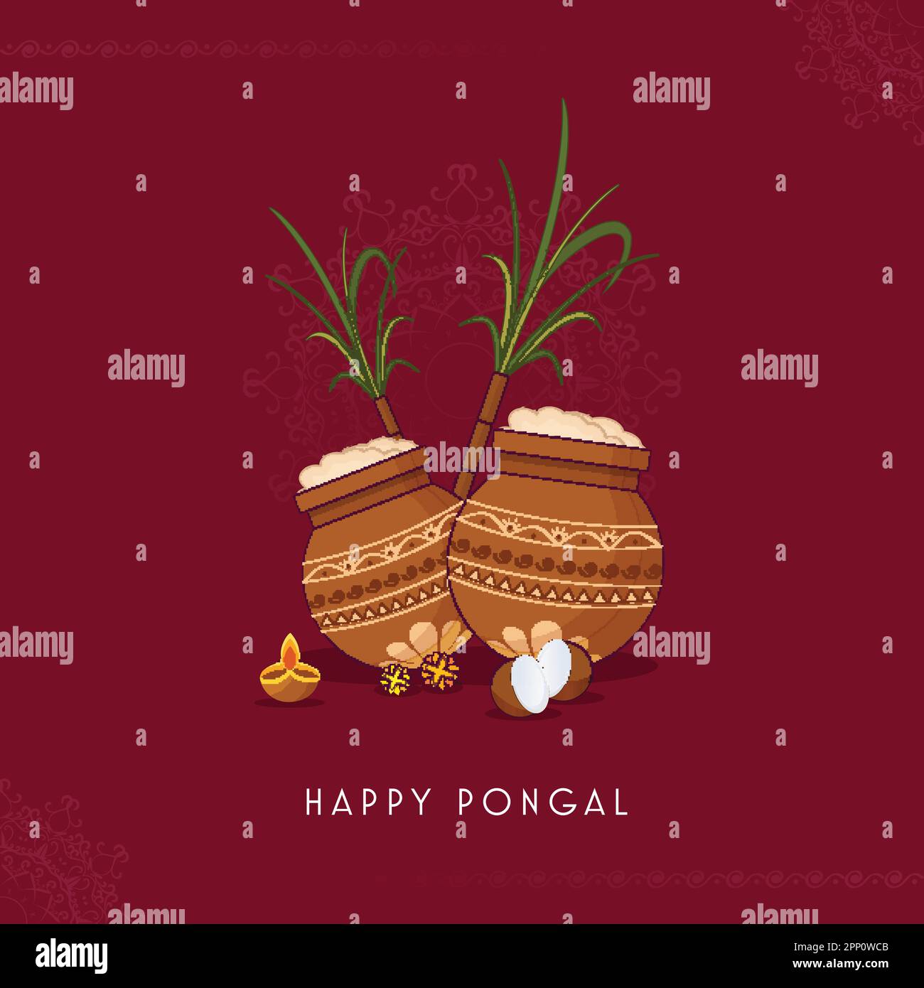 Happy Pongal Celebration Poster Design With Festival Elements On Red