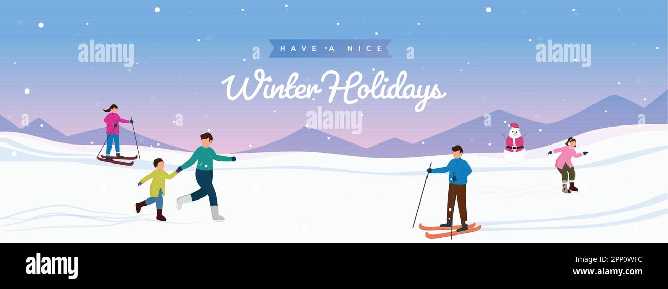 Cartoon People Enjoying Winter Holidays Like As Skiing, Ice Skating And Snowman On Gradient Snowy Mountain Background. Stock Vector