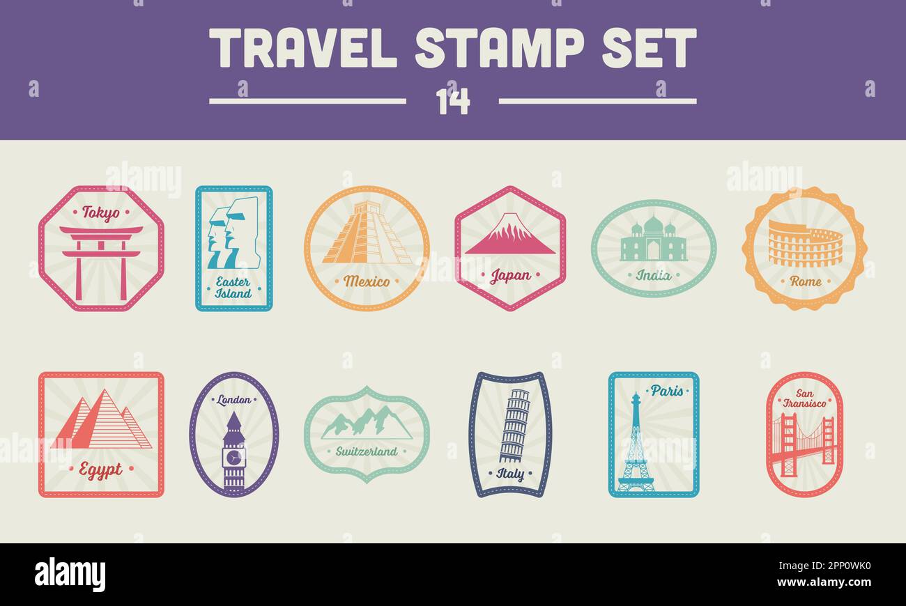 Colorful Collection Of Country Or City Travel Stamps With Monuments In Frame. Stock Vector