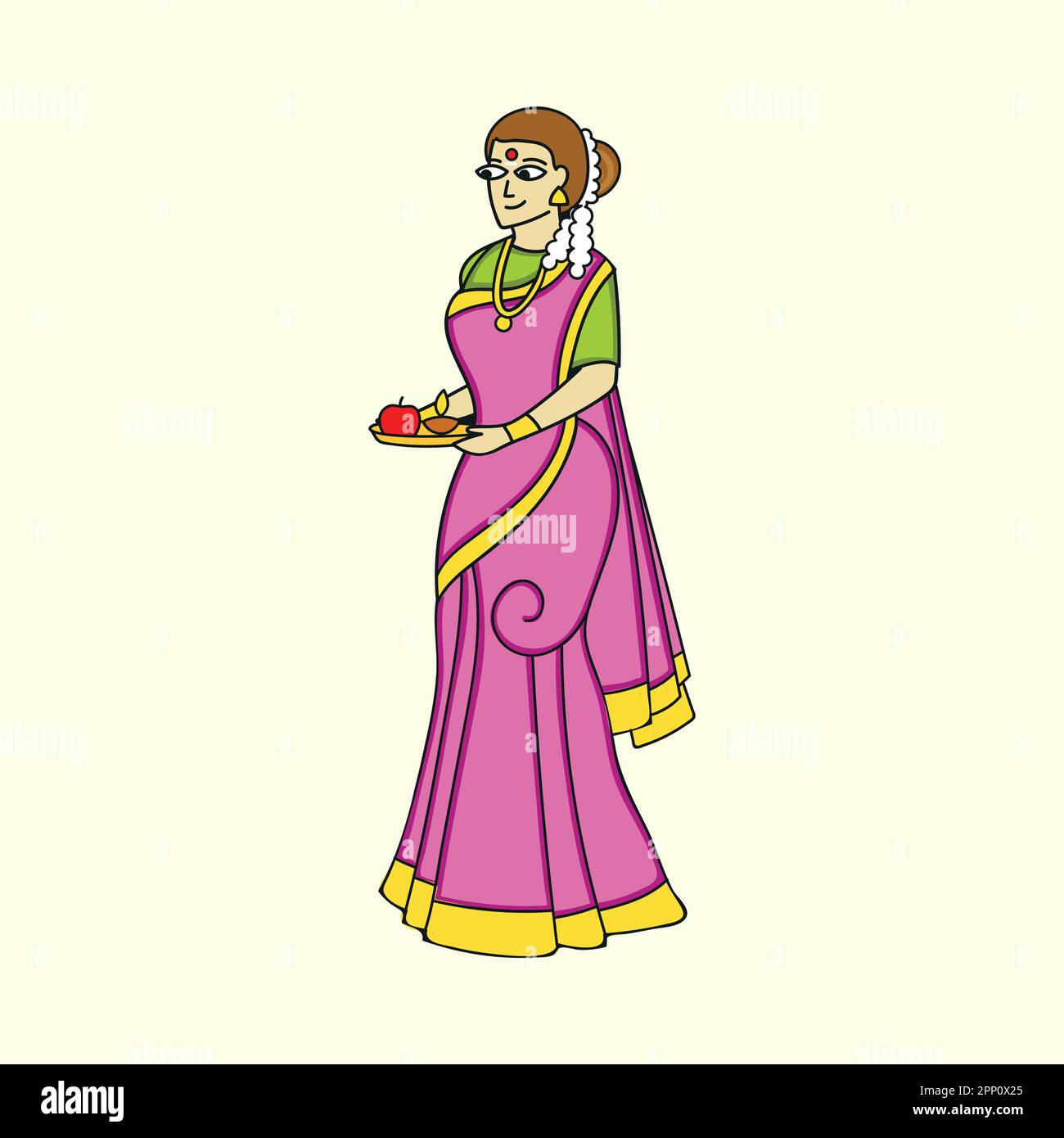 Beautiful Indian Lady Holding Worship Plate With Apple And Diya (Oil