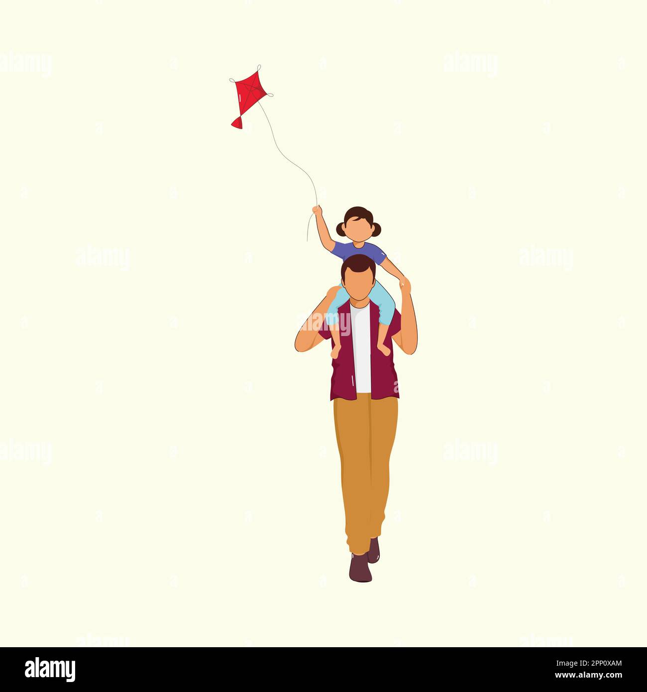 Portrait Of Faceless Girl Flying Kite Sits On Father Shoulder Against