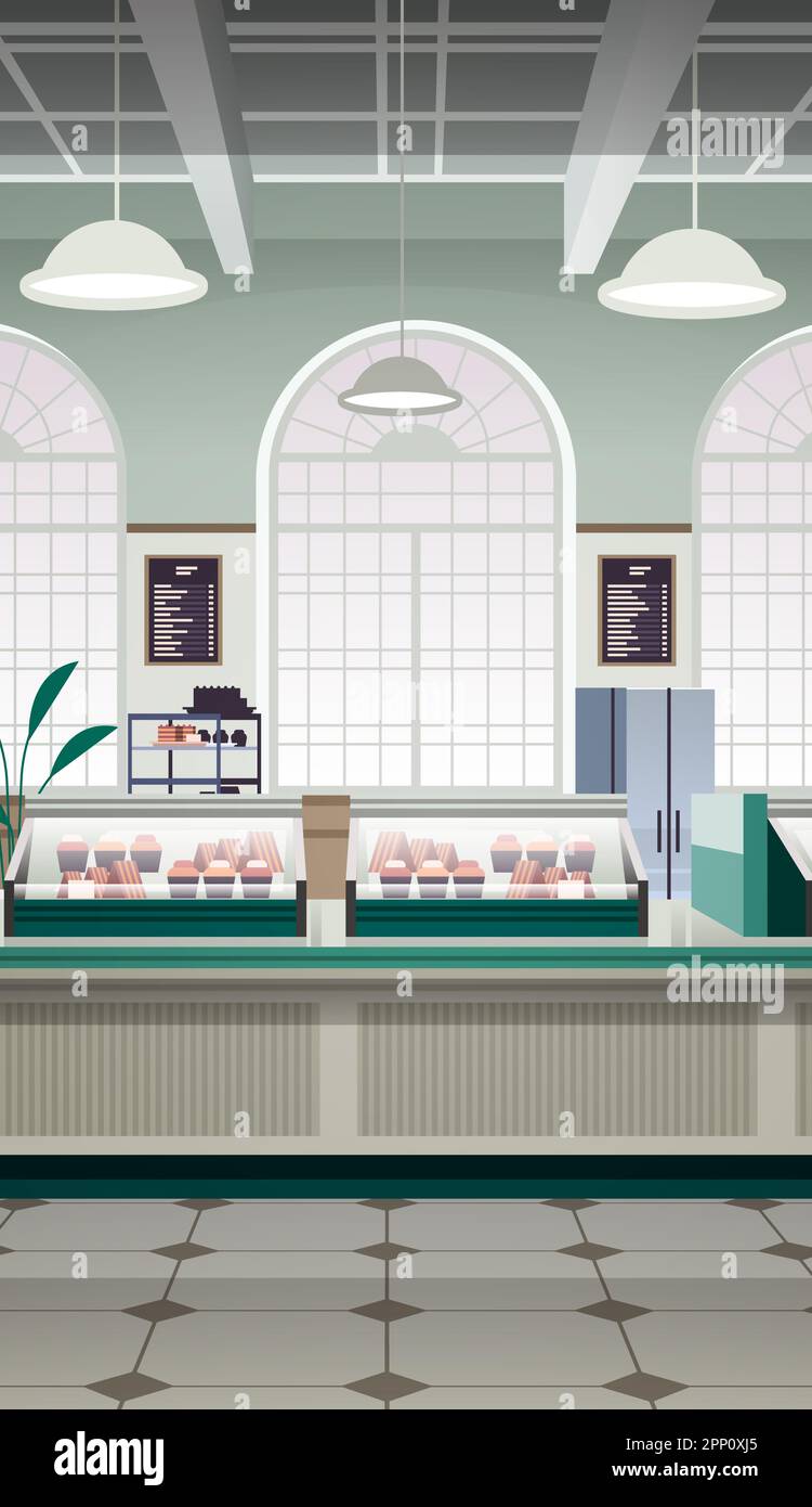 empty bakery interior shop showcase with fresh pastries sweets cakes ...