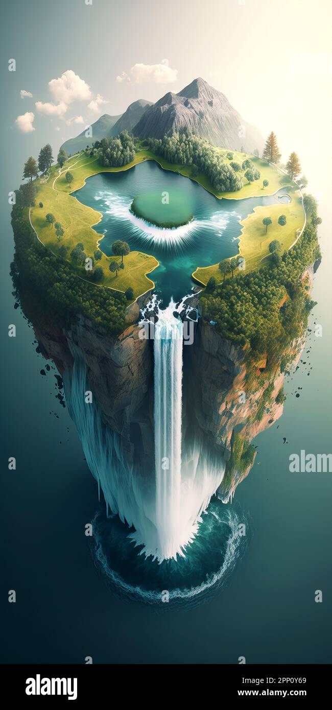 Fantasy island with river and waterfall. Illustration Stock Photo - Alamy