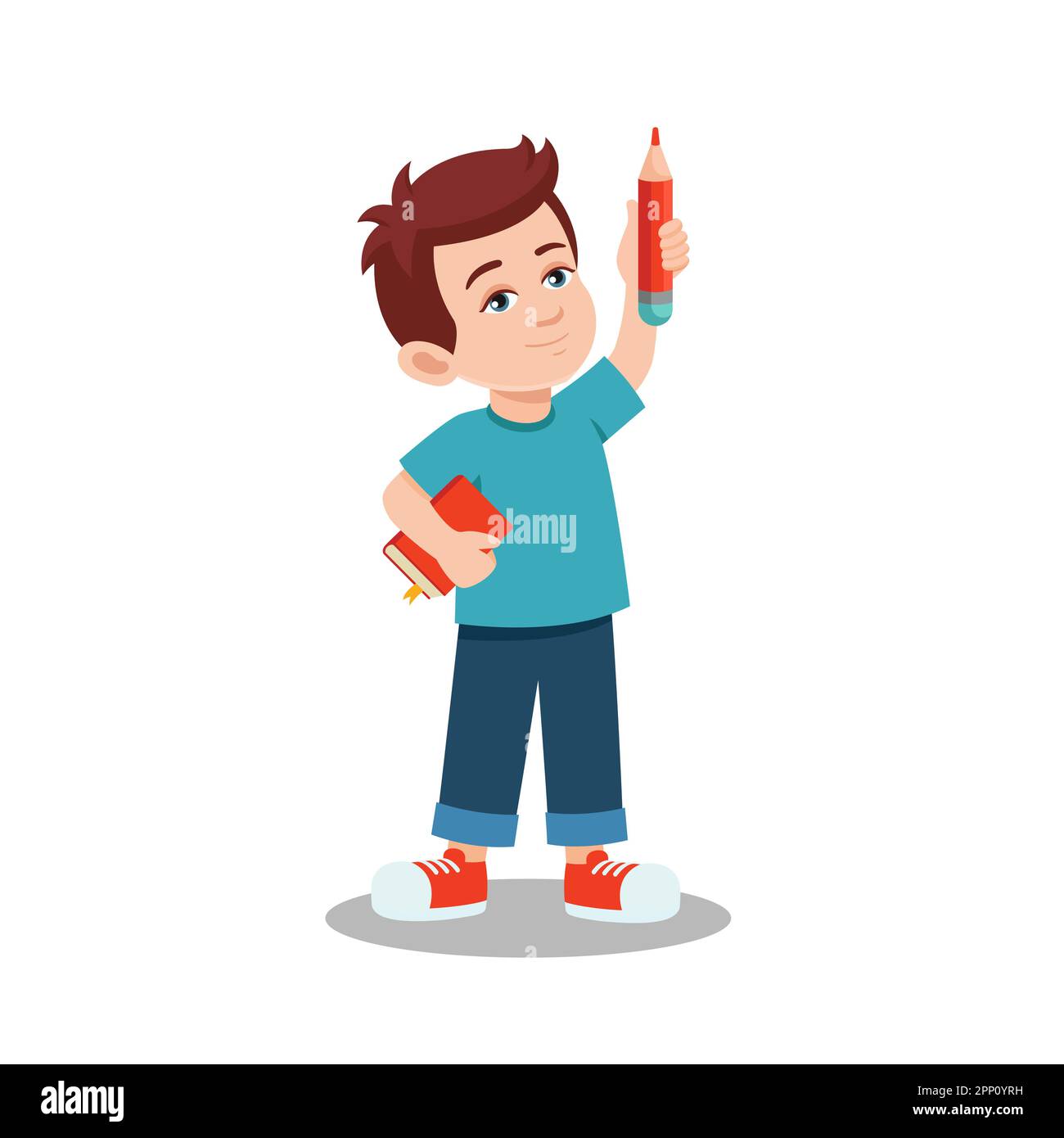 Flat student standing with pencil. Boy with pencil and book. Cartoon character. Vector illustration Stock Vector