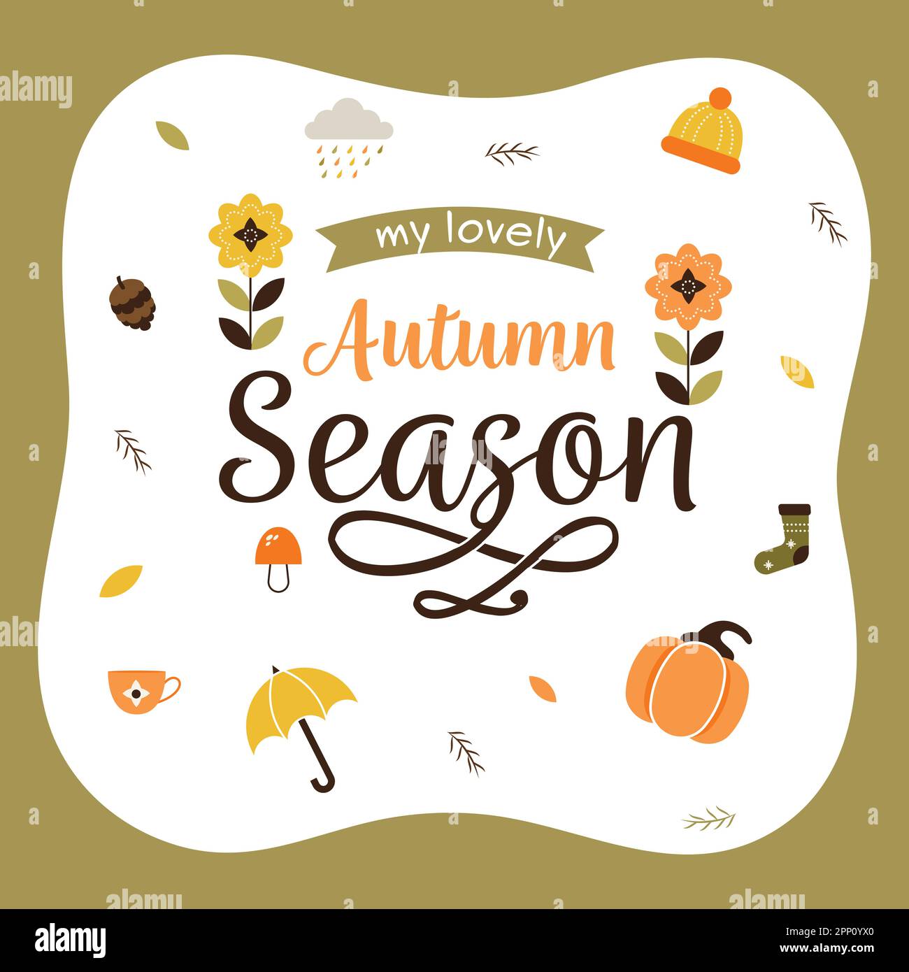 My Lovely Autumn Season Lettering With Autumnal Icons Decorated On White And Olive Green Background. Stock Vector