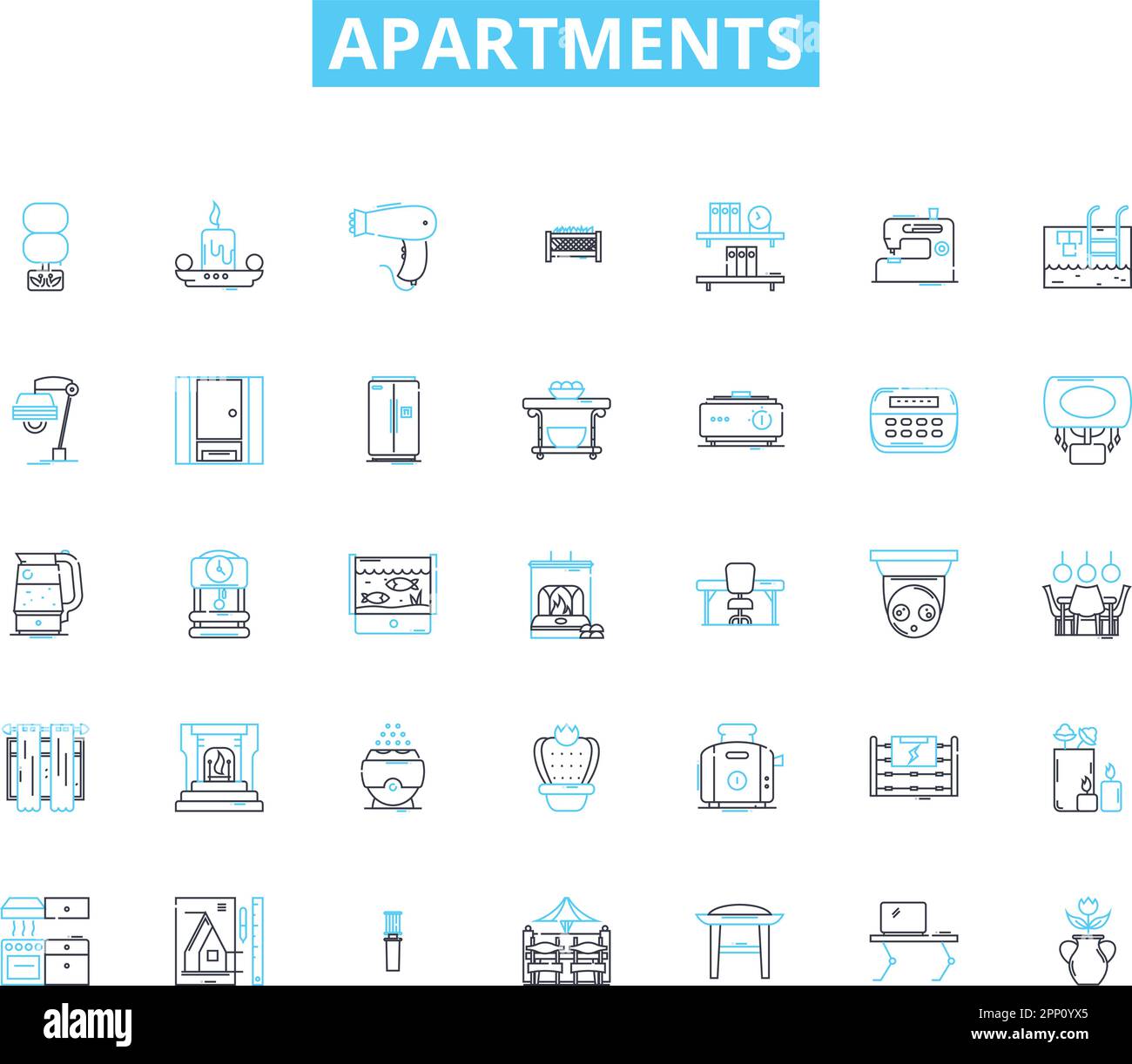 Apartments linear icons set. Homey, Cozy, Spacious, Luxurious, Stylish, Modern, Affordable line vector and concept signs. Gated,High-rise,Furnished Stock Vector