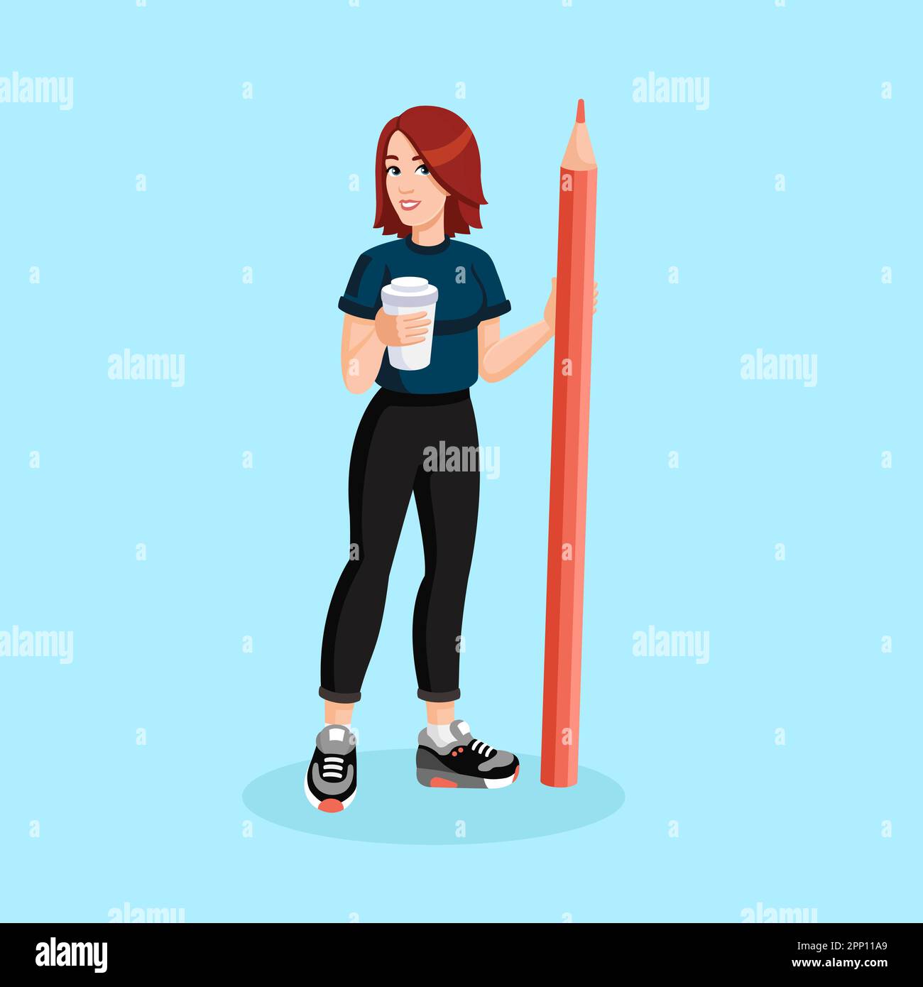 Flat student standing with pencil. Girl with huge pencil and coffee cup. Cartoon character. Vector illustration Stock Vector