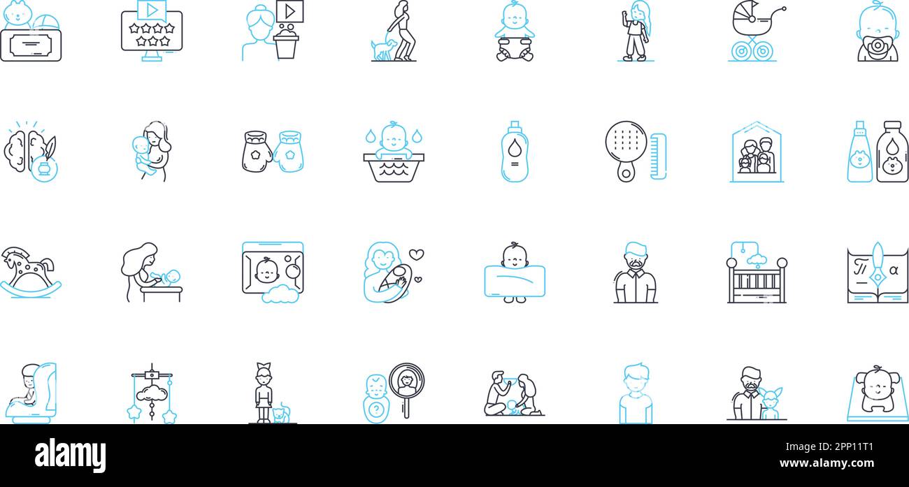 Infants linear icons set. Cuddly, Tiny, Innocent, Adorable, Sleepy, Delicate, Tender line vector and concept signs. Newborn,Fragile,Gurgling outline Stock Vector