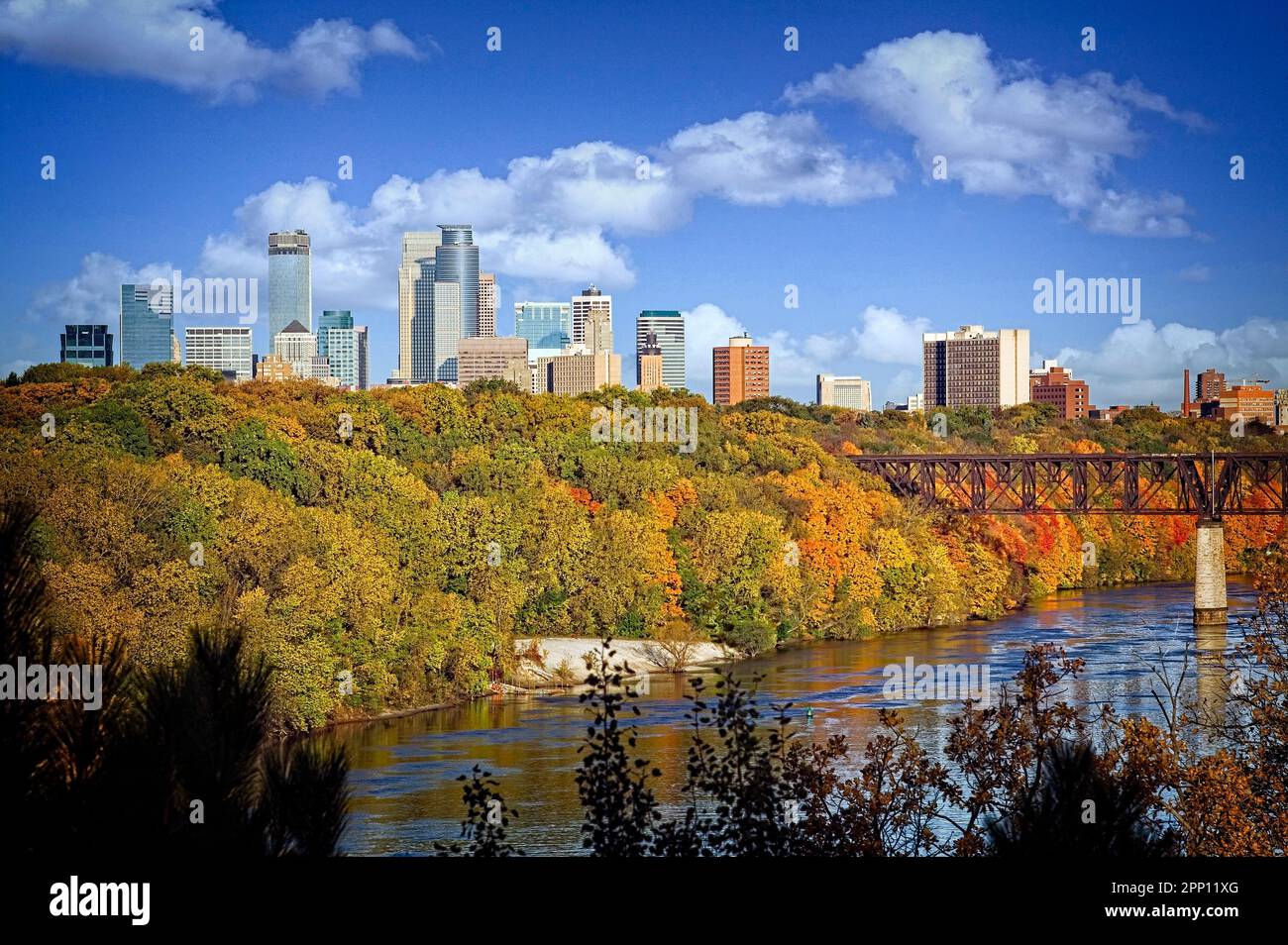 The Minneapolis skyline over the Mississippi River, Minnesota Stock