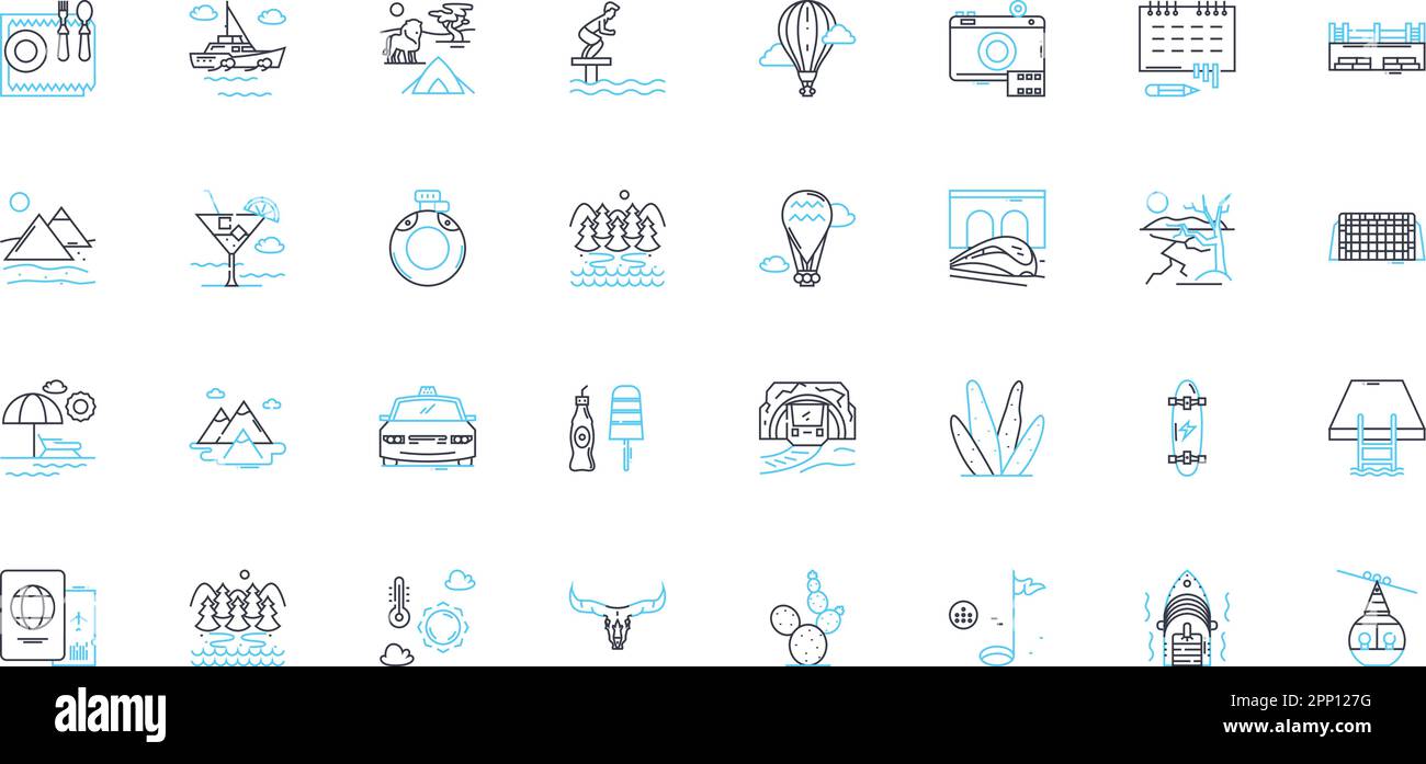 Beach hikes linear icons set. Coastal, Scenic, Seashore, Panoramic, Serene, Relaxing, Sandy line vector and concept signs. Wave-watching,Oceanic Stock Vector
