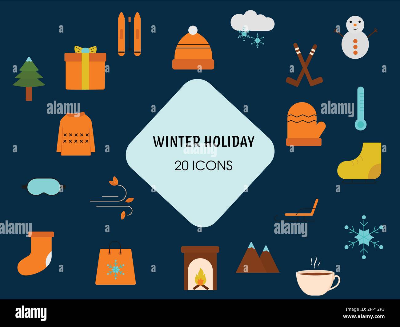 Set Of 20 Winter Holiday Icons Over Blue Background. Stock Vector