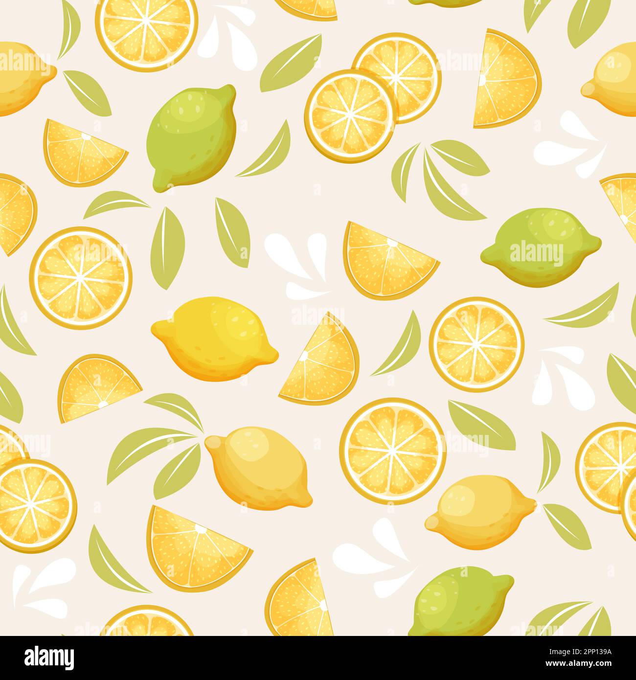 Lemon tropical citrus seamless pattern with leaves, slices in cartoon ...
