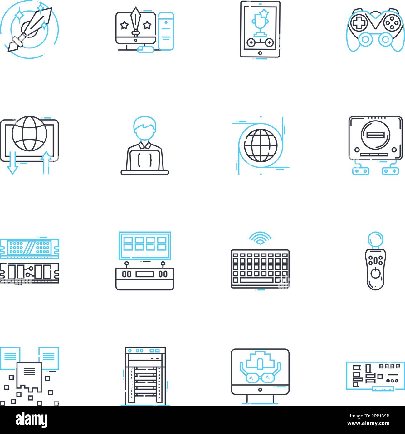 Mobile technology linear icons set. Smartph, Tablet, App, Battery, Nerk, Camera, GPS line vector and concept signs. Bluetooth,Wireless,Keyboard Stock Vector