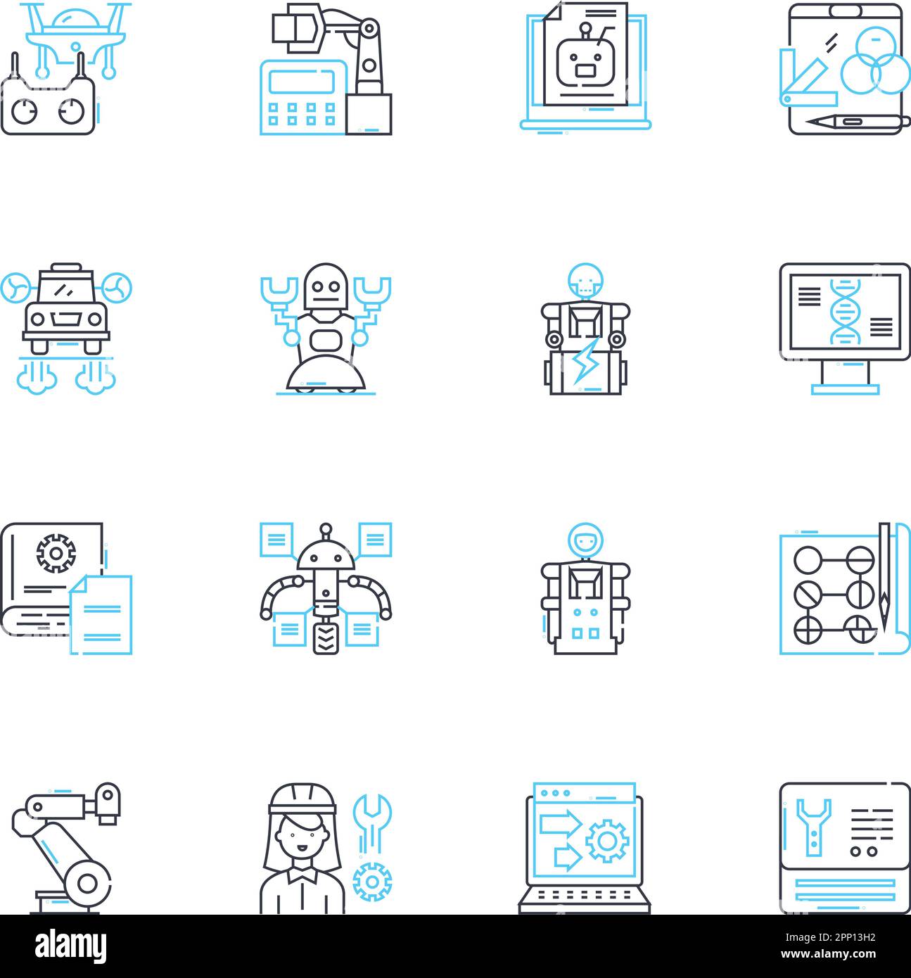 engineering simulation linear icons set. Modeling, Analysis, Optimization, Visualization, Virtualization, Computation, Prediction line vector and Stock Vector