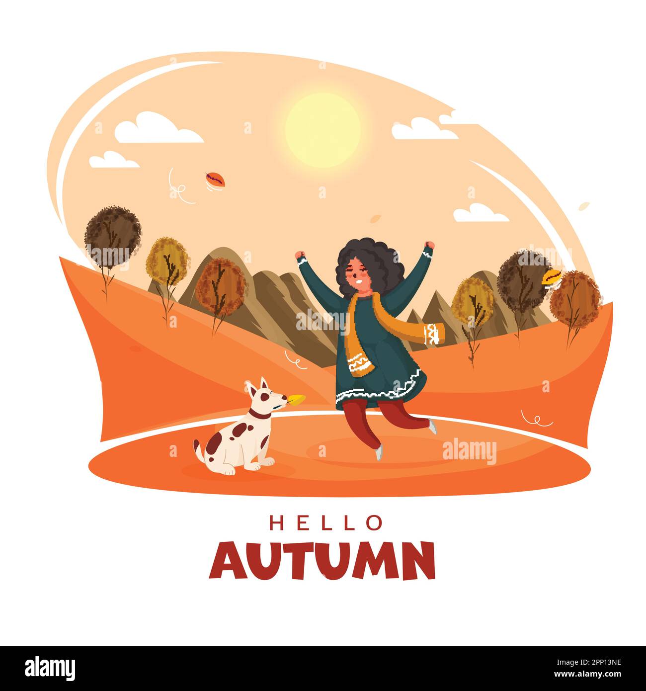 Fall Season Sunlight Background With Cheerful Young Girl And Dog Illustration For Hello Autumn Concept. Stock Vector