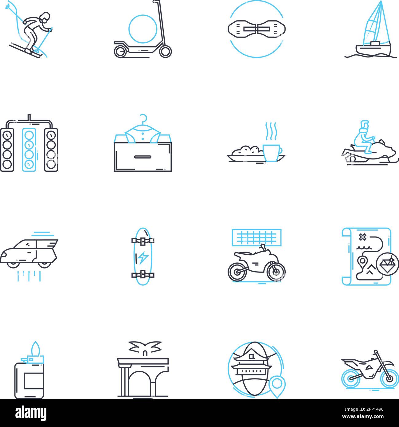 Family vacation linear icons set. Adventure, Beach, Camping, Cruise, Relaxation, Theme parks, Road trip line vector and concept signs. Mountains Stock Vector