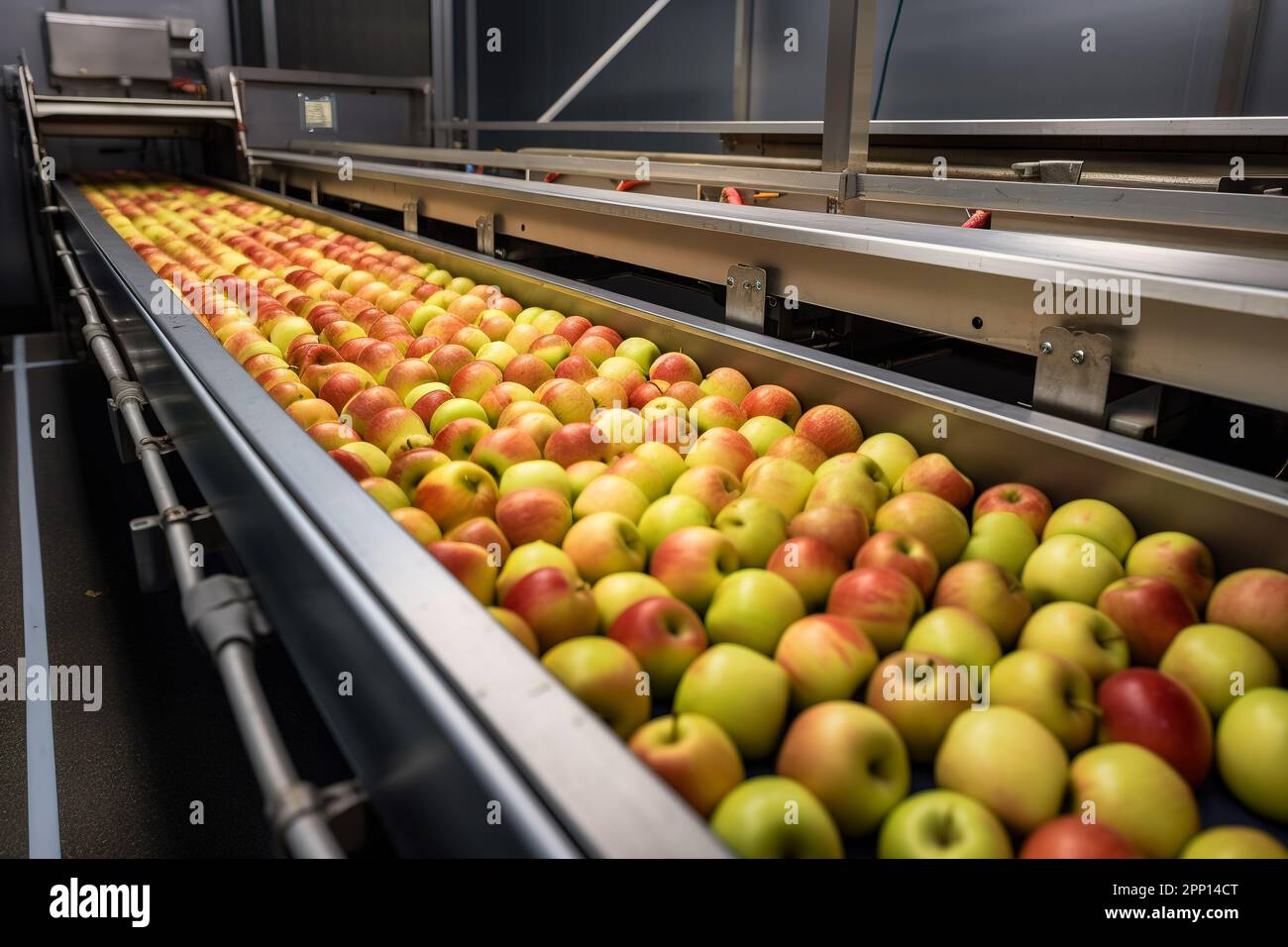 Apples in a food processing facility, clean and fresh, ready for automated packing. Concept for a healthy food company with automated manufacturing of Stock Photo