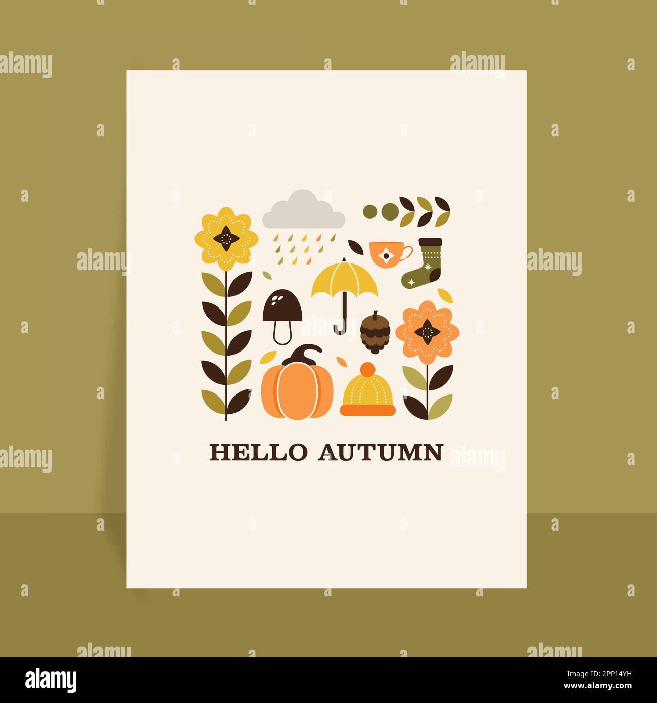 Hello Autumn Greeting Card With Season Elements On White Background. Stock Vector