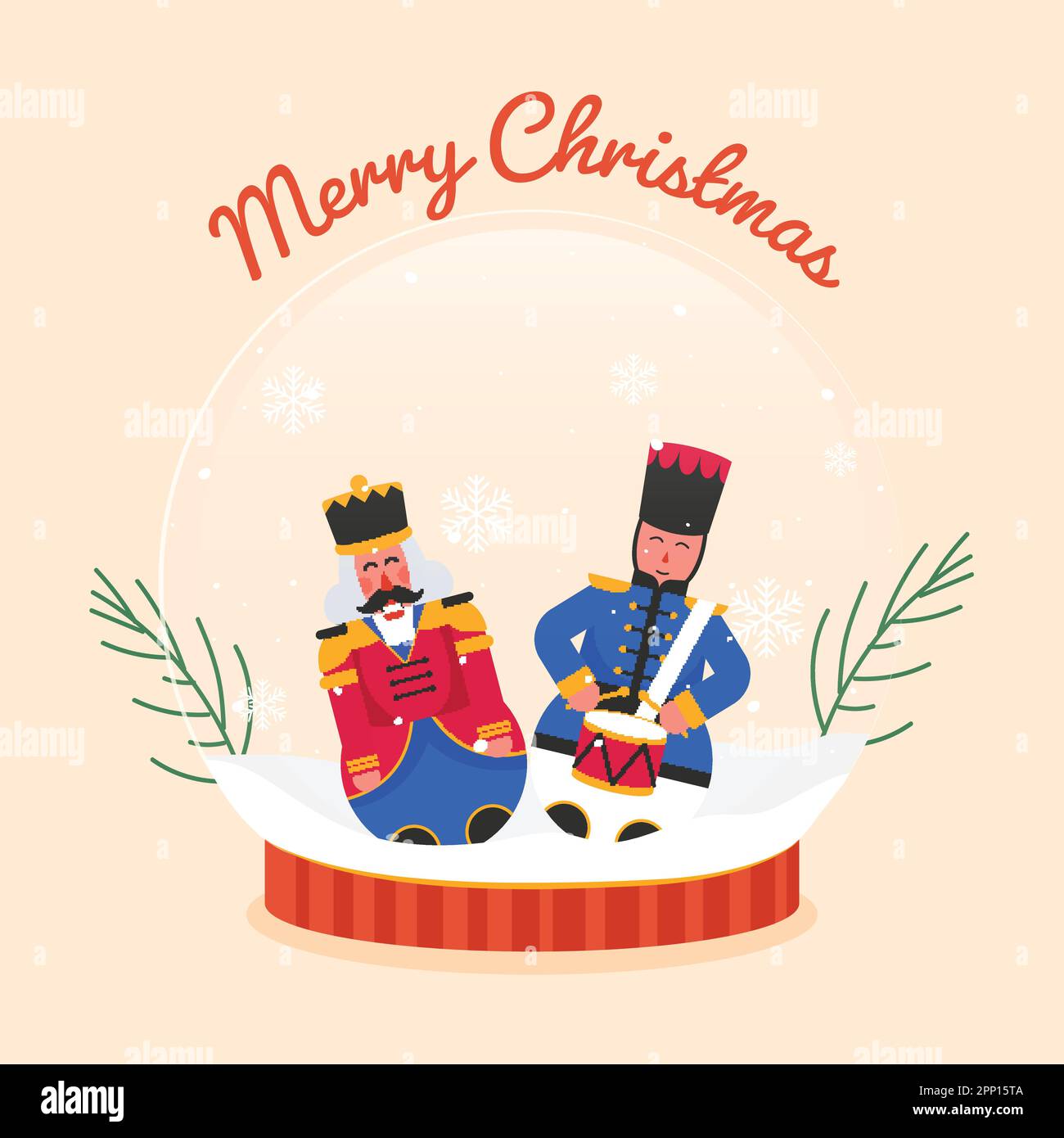 Merry Christmas Celebration Greeting Card With Nutcracker Characters Inside Snow Globe And Fir Leaves On Peach Background. Stock Vector