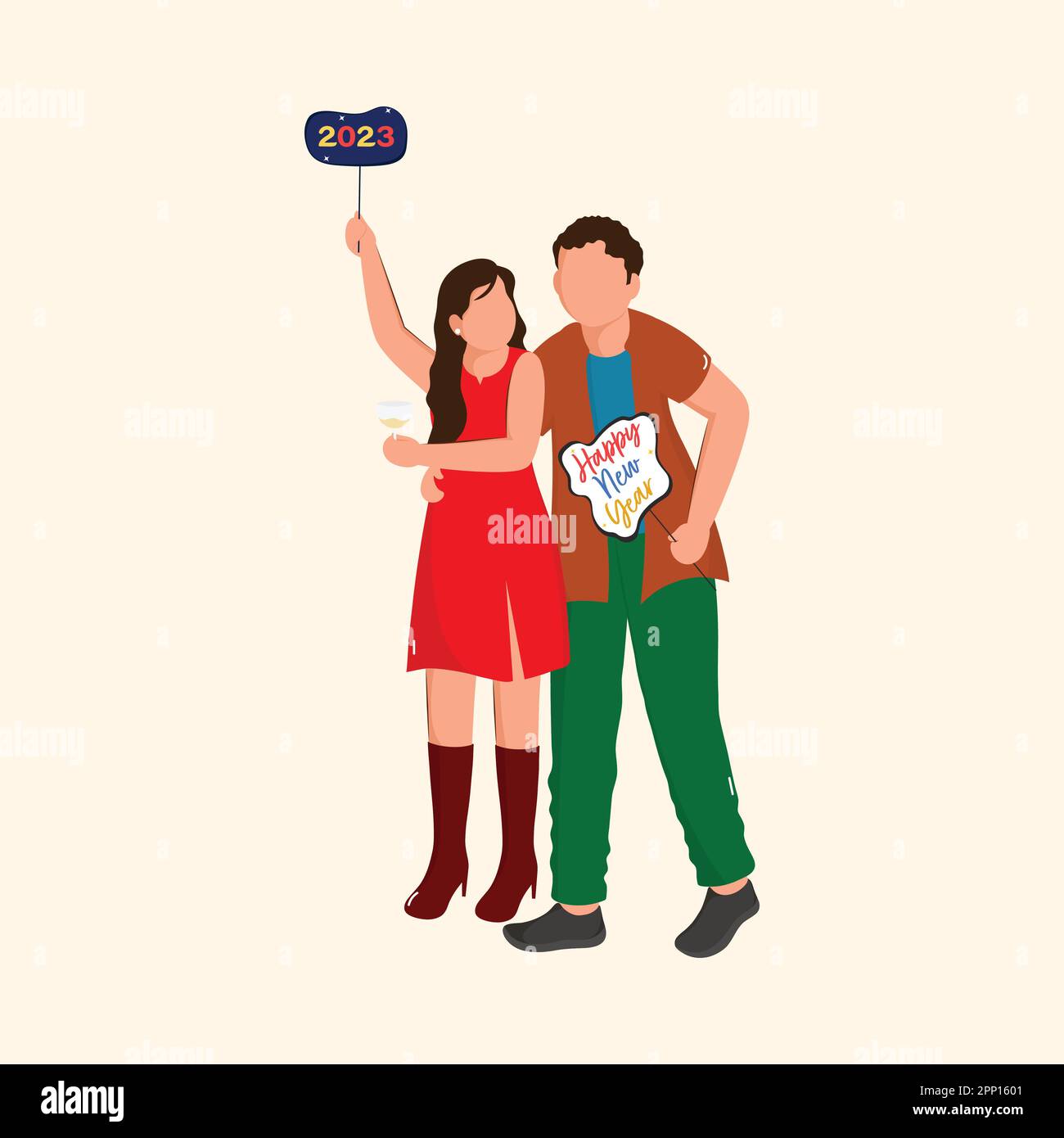 Faceless Young Couple Holding Their Placards Of 2023 Happy New Year Message On Cosmic Latte Background. Stock Vector