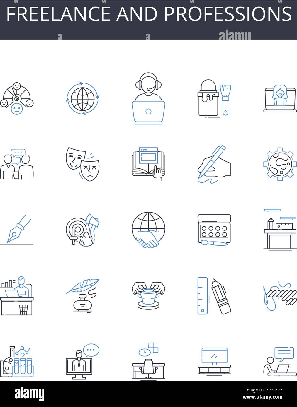 Freelance and professions line icons collection. Synergy, Unity, Cohesion, Collaboration, Teamwork, Synchronicity, Consensus vector and linear Stock Vector