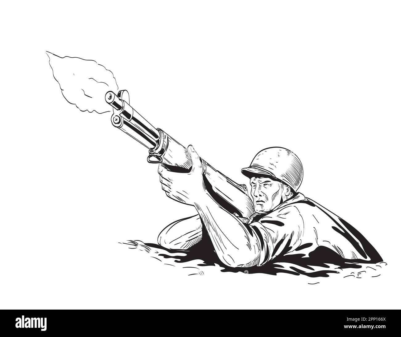 Comics style drawing or illustration of a World War Two American GI soldier aiming firing rifle viewed from front in low angle on isolated background Stock Photo