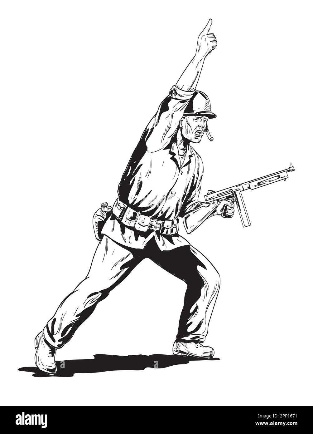 Comics style drawing or illustration of a World War Two American GI soldier with rifle leading charge viewed from side angle on isolated background do Stock Photo