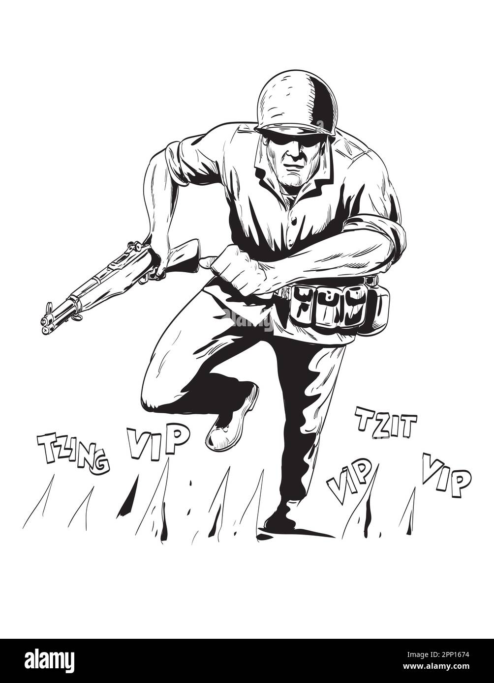 Comics style drawing or illustration of a World War Two American GI soldier running with rifle viewed from front on isolated background done in black Stock Photo