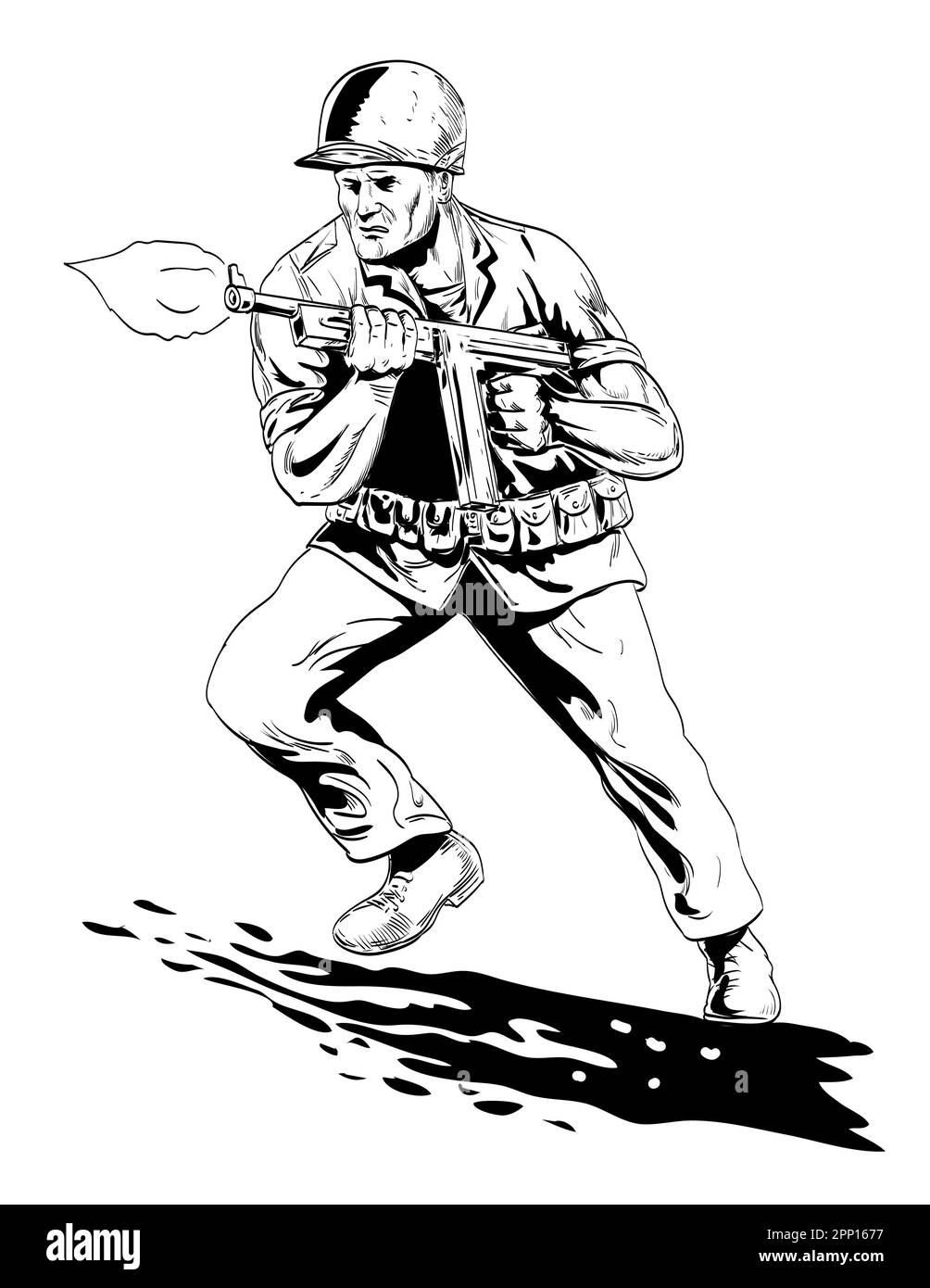Comics style drawing or illustration of a World War Two American GI soldier running firing tommy gun viewed from front on isolated background done in Stock Photo