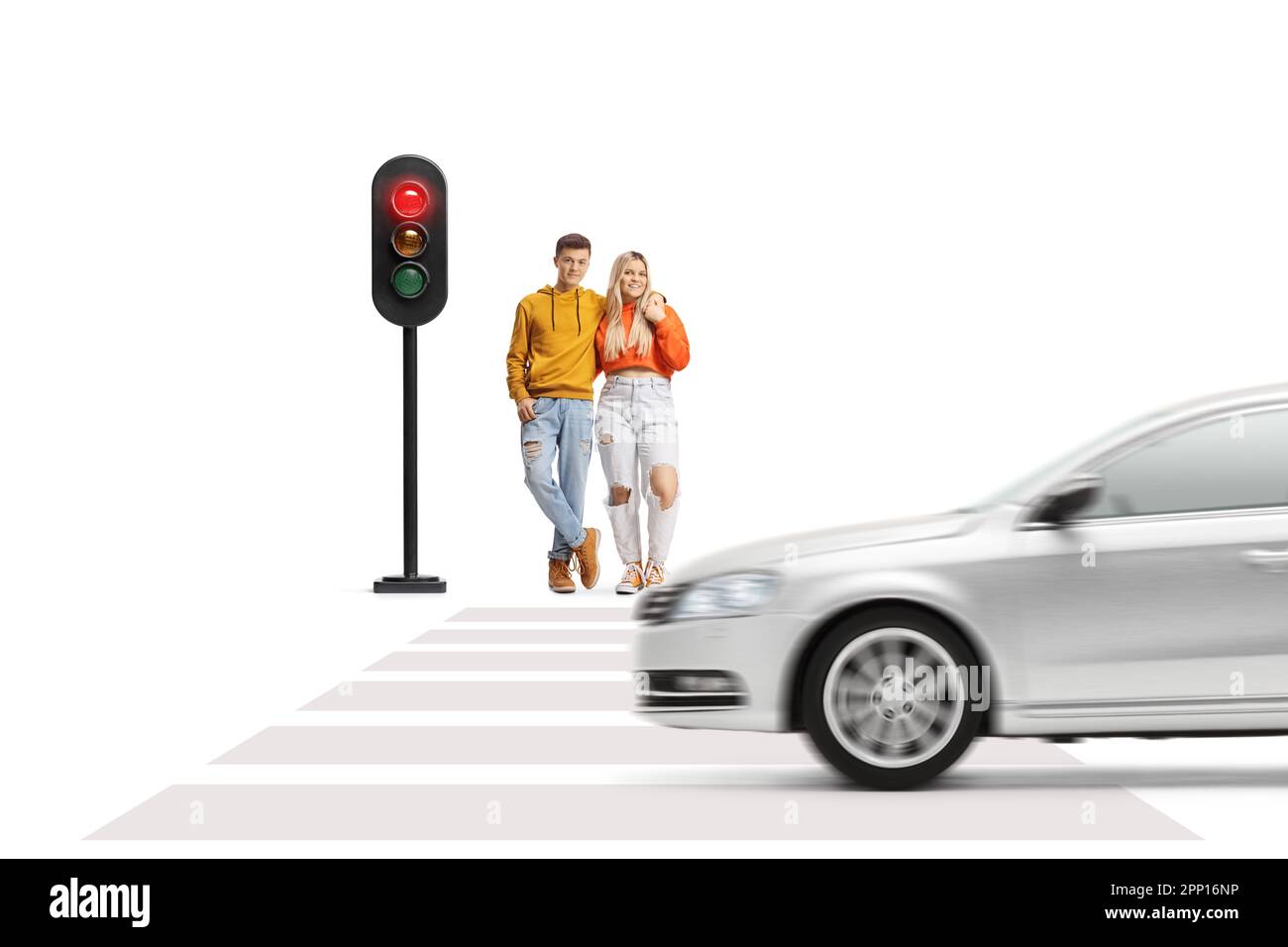 Young Couple In Embrace Waiting At The Traffic Light Isolated On White Young Couple In Embrace Waiting At The Traffic Light Isolated On White Background 2PP16NP