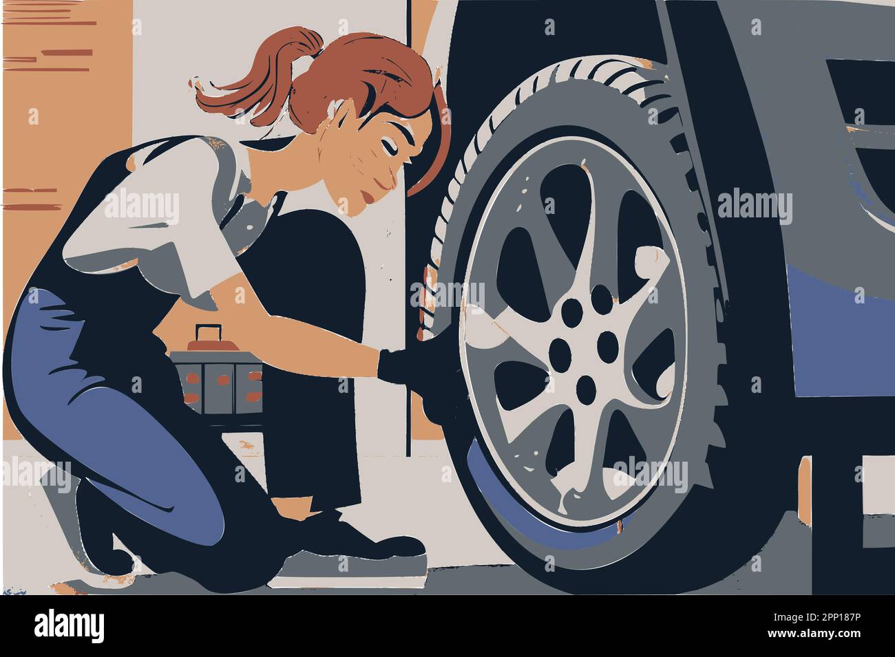 Female mechanic changing a car tire in a workshop. Stock Vector