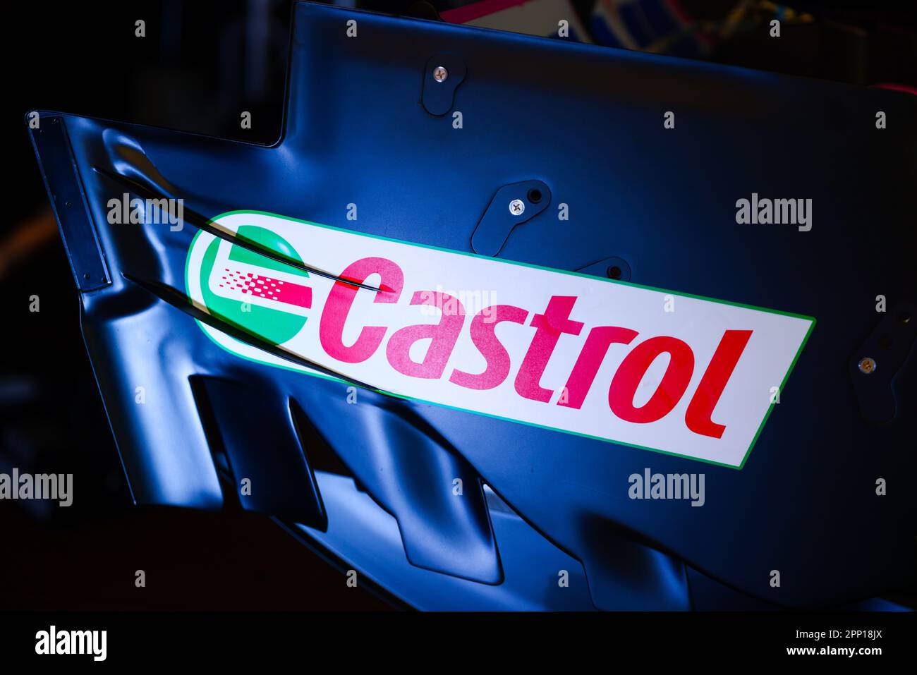 Krakow, Poland. 21st Apr, 2023. Castrol logo is seen on Alpine F1 team car replica is seen during the event organized by BP Poland company in Krakow, Poland on April 21, 2023. (Credit Image: © Beata Zawrzel/ZUMA Press Wire) EDITORIAL USAGE ONLY! Not for Commercial USAGE! Stock Photo