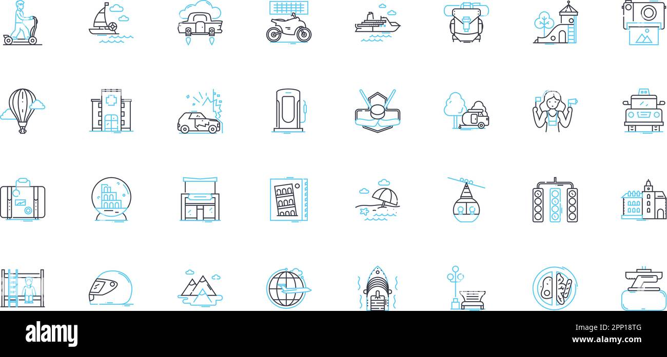 Leisurely stroll linear icons set. Amble, Saunter, Meander, Ramble, Wander, Jaunt, Promenade line vector and concept signs. Paseo,Stroll,Walk outline Stock Vector