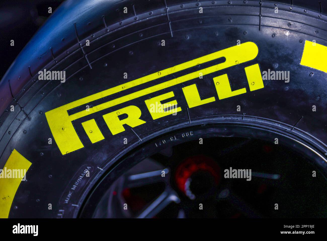 Krakow, Poland. 21st Apr, 2023. Pirelli tyre on Alpine F1 team car replica  is seen during the event organized by BP Poland company in Krakow, Poland  on April 21, 2023. (Credit Image: ©