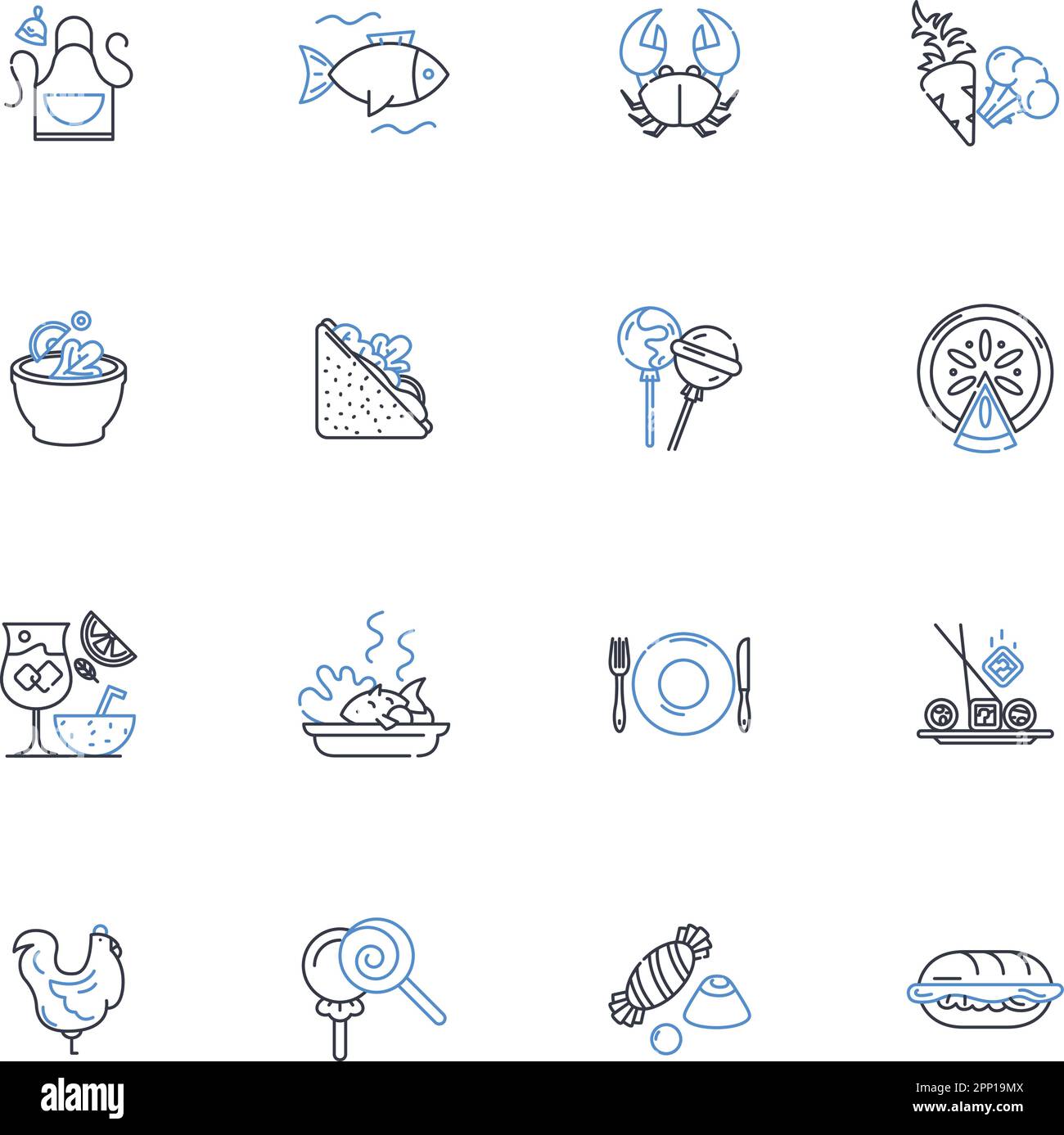 Snacking line icons collection. Nibbling, Munching, Grazing, Bingeing, Chomping, Devouring, Chewing vector and linear illustration. Morseling,Noshing Stock Vector
