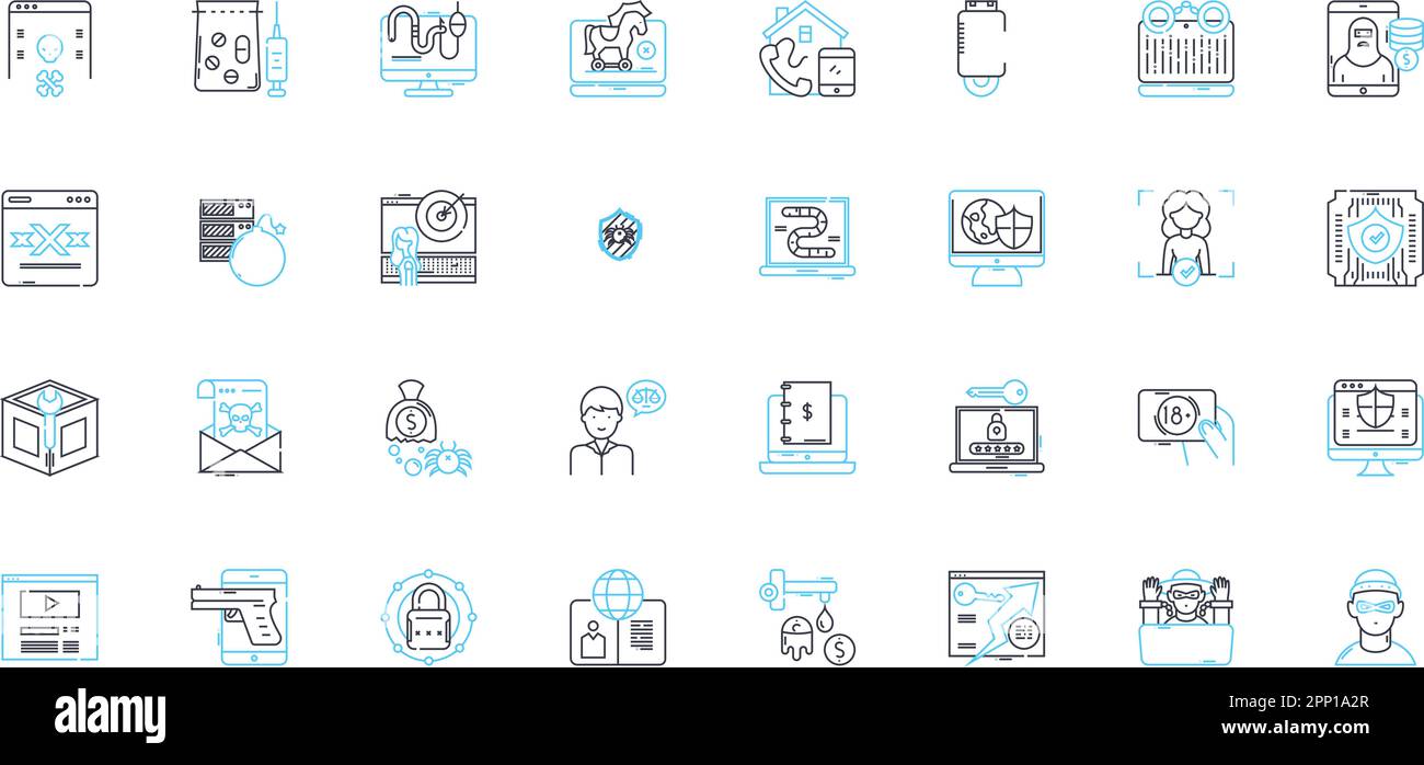 Scammers linear icons set. Deceptive, Fraudulent, Con artists, Imposters, Impersonators, Cheaters, Swindlers line vector and concept signs. Tricksters Stock Vector