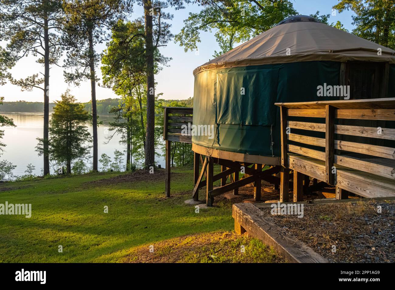 Yurt campsite on High Falls Lake at High Falls State Park in Jackson, Georgia. (USA) Stock Photo