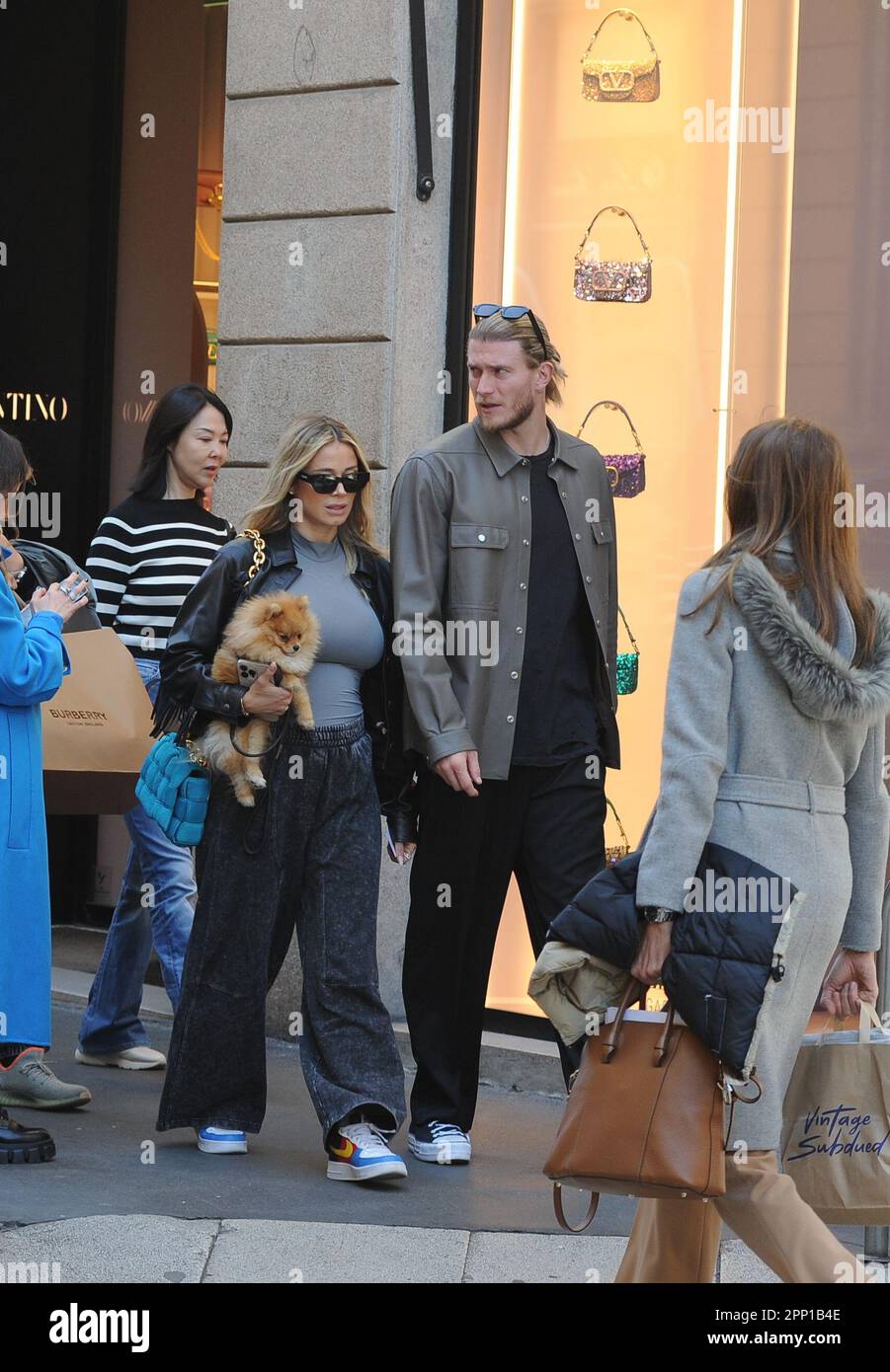 Milan, . 17th Apr, 2023. Milan, 17-04-2023 Diletta Leotta, 5 months pregnant, and her boyfriend Loris Karius, goalkeeper of Newcastle in the English league. they stroll through the streets of the centre, then after having done some shopping at the 'Maison Margiela' boutique in Via della Spiga, they walk towards the house, but stopping first to eat a nice ice cream. EXCLUSIVE SERVICE- pool with Villa and Mega Credit: Independent Photo Agency/Alamy Live News Stock Photo