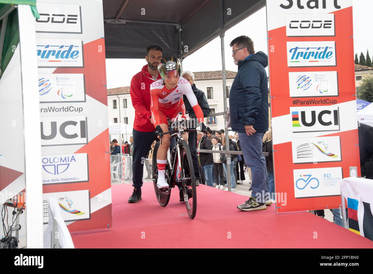 Paralympic Champion Keiko Sugiero of Japan on the starting ramp for her WC3 race. UCI World Cup, Individual Time Trial, Maniago, Italy, 21 April 2023,  Casey B. Gibson/Alamy LIve News Stock Photo