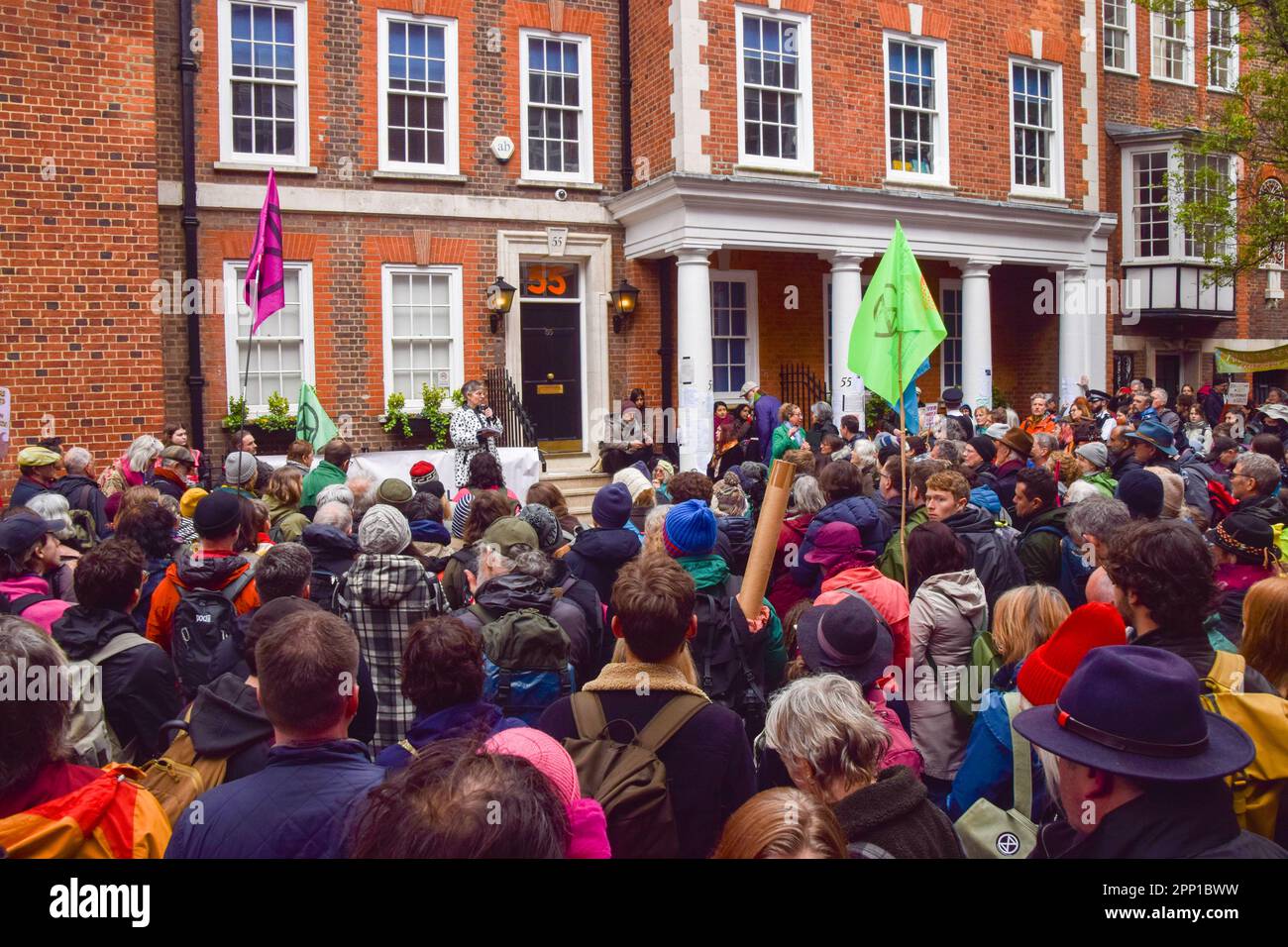 London, England, UK. 21st Apr, 2023. Protesters gather outside 55 Tufton Street, home of a climate-denying, fossil fuel lobby, right-wing think-tank, as Extinction Rebellion begin their 4-day protest demanding that the government shifts away from fossil fuels and acts on the climate crisis. (Credit Image: © Vuk Valcic/ZUMA Press Wire) EDITORIAL USAGE ONLY! Not for Commercial USAGE! Credit: ZUMA Press, Inc./Alamy Live News Stock Photo