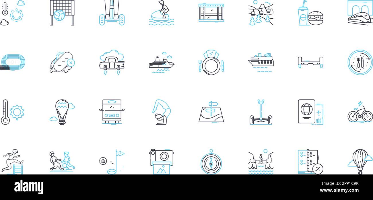 Amusing getaway linear icons set. Chuckles, Escape, Hilarity, Laughter, Getaway, Amusement, Entertainment line vector and concept signs. Adventure Stock Vector