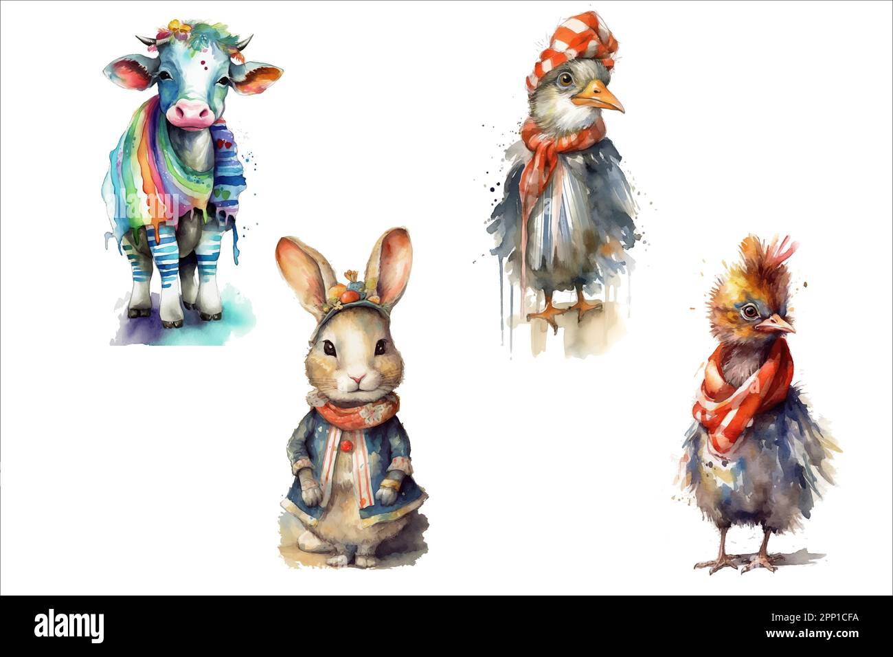 Safari Animal set rabbit, cow, hen, rooster in 3d style. Isolated