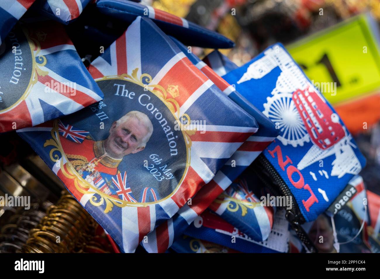 King Charles III Coronation merchandise on sale in a souvenir shop on