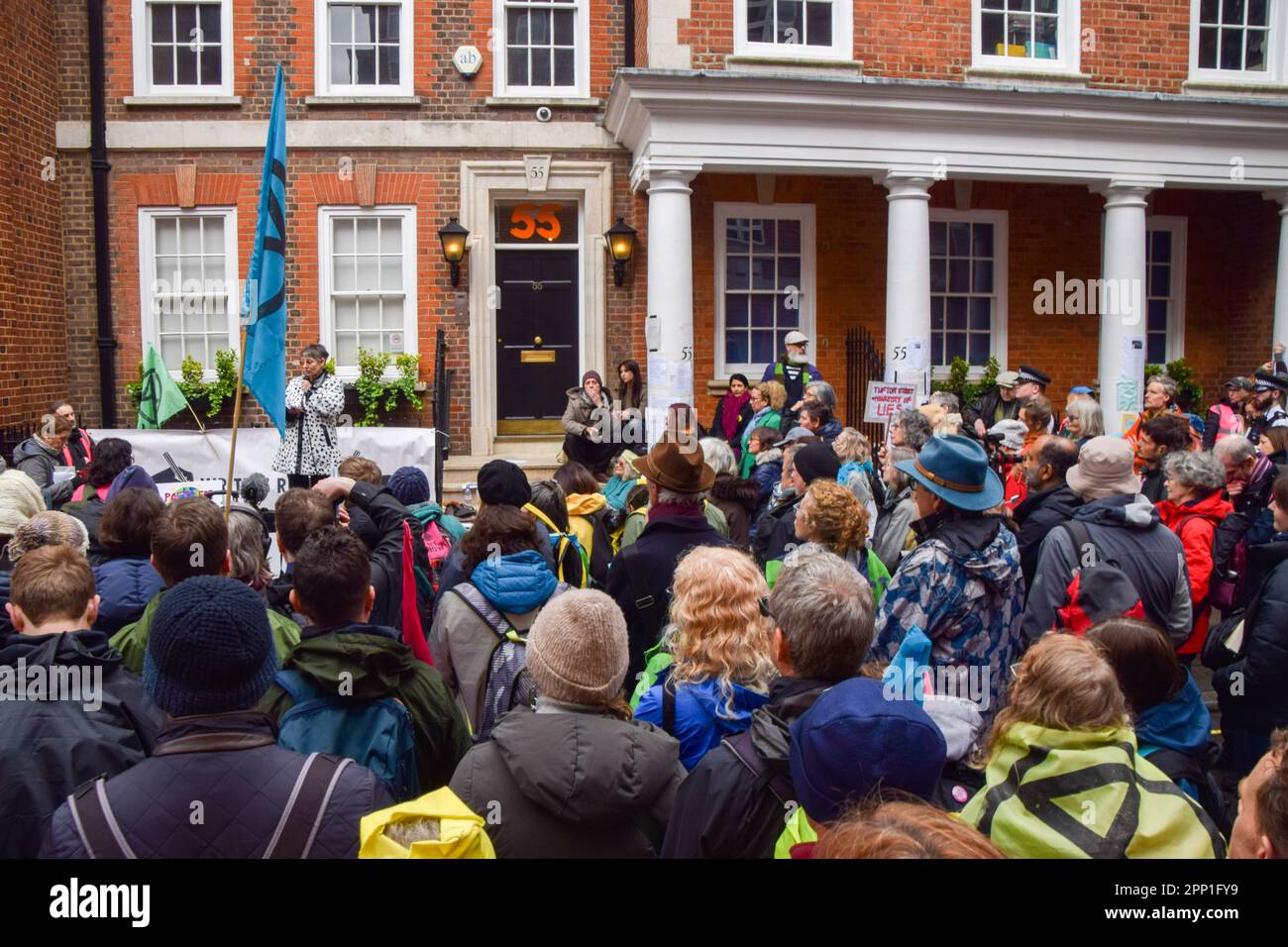 London, UK. 21st April 2023. Protesters gather outside 55 Tufton Street as Extinction Rebellion begin their 4-day protest demanding that the government shifts away from fossil fuels and acts on the climate crisis. Credit: Vuk Valcic/Alamy Live News Stock Photo