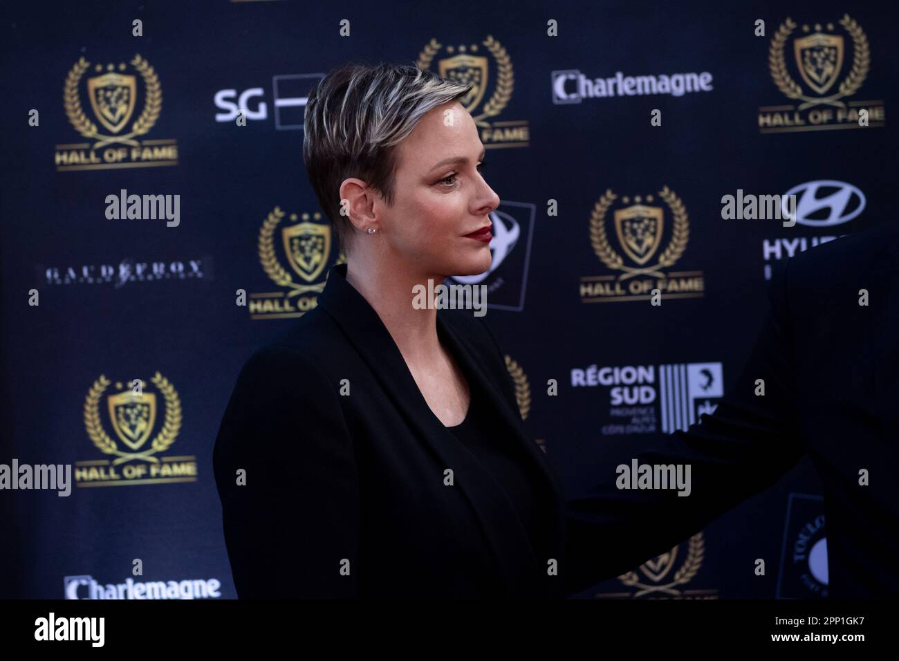 Princess Charlene de Monaco arrives to the first Rugby Club Toulonnais Hall of Fame ceremony. The Rugby Club Toulonnais (RCT) presents the first Rugby Hall of Fame by inducting eight players during a gala evening at the Zenith of Toulon. Stock Photo