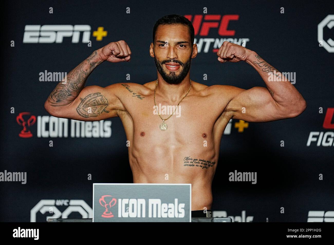 April 21, 2023, Las Vegas, NV, LAS VEGAS, NV, United States: LAS VEGAS, NV - APRIL 21: Bruno Silva steps on the scale for the official weigh-ins at Sante Fe Station Hotel Casino for UFC Fight Night - Vegas 71 - Pavlovich vs Blaydes - Weigh-ins on April 21, 2023 in Las Vegas, NV, United States. (Credit Image: © Louis Grasse/PX Imagens via ZUMA Press Wire) EDITORIAL USAGE ONLY! Not for Commercial USAGE! Stock Photo