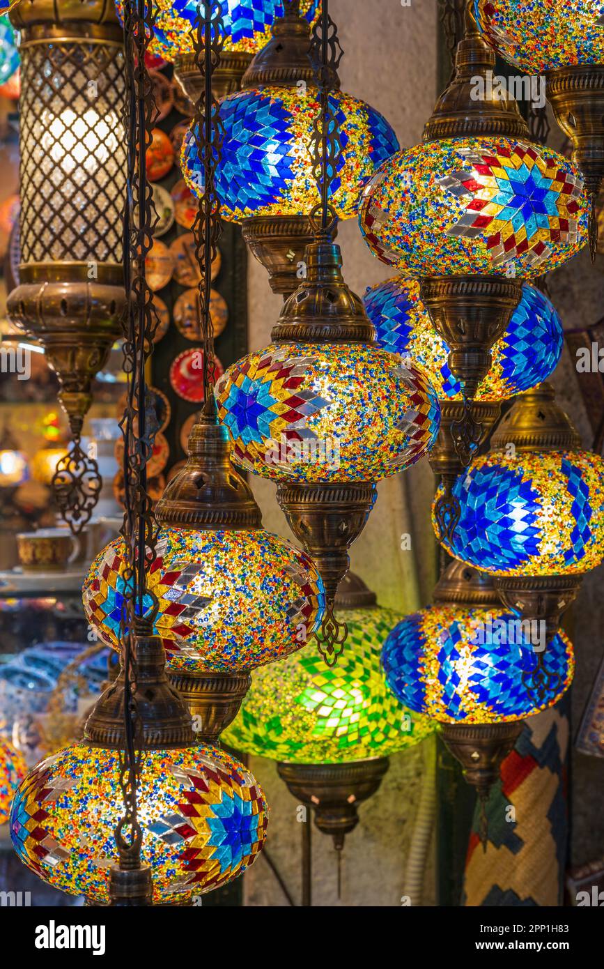 Turkish mosaic lamps, Grand Bazaar, Istanbul, Turkey Stock Photo