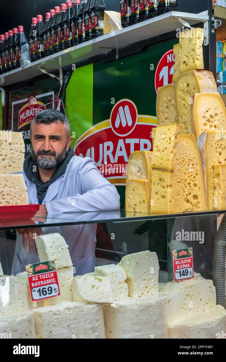 Cheese on sale in a street food market, Istanbul, Turkey Stock Photo