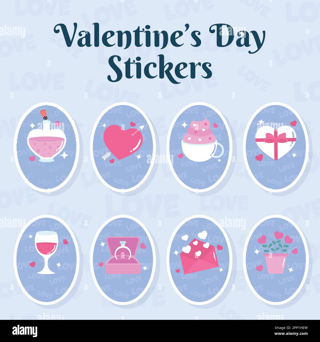 Valentine's Day Elements Set In Blue Love Text Seamless Oval Background